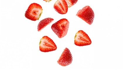 Red berry segments in mid-air, sliced strawberry parts, vibrant summer fruit elements, close-up of strawberry pieces on a white backdrop