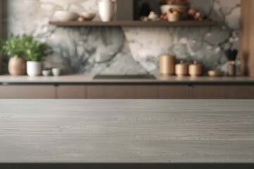 Blank kitchen countertop ready for your items or decor with a softly focused kitchen setting behind