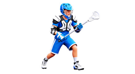 Fototapeta premium lacrosse player ready to pass or shoot, wearing a blue uniform and full protective shoulder gear.