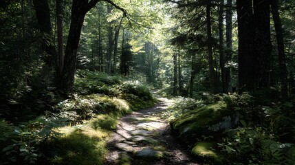 A sun-dappled woodland path winds through lush greenery, illuminating mossy stones and towering trees.