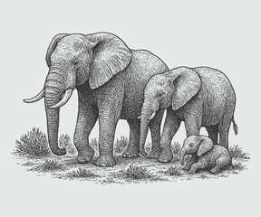 Engraving of elephant family with calf, vintage wildlife sketch symbolizing nature, protection, parenting, safari, and wilderness. © Chairul