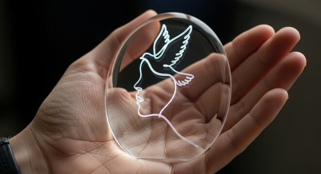 Hand holding clear oval glass object with etched profile of face and dove image