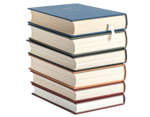 Tall Pile of Books with Open Pages and Decorative Bookmark, Top Shot PNG