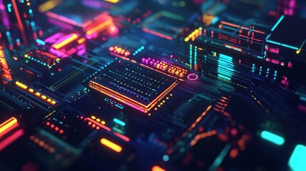 Fototapeta premium Vibrant Futuristic Circuit Board with Neon Lights