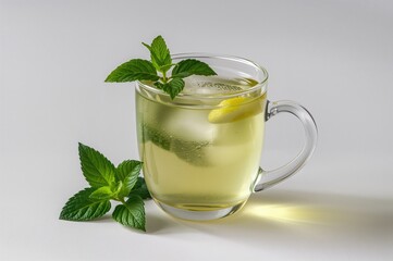 Fototapeta premium Glass cup filled with lemon balm herbal tea accompanied by fresh lemon balm leaves