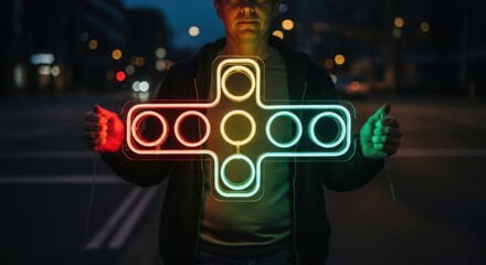 Man holding a glowing neon cross-shaped light fixture at night neon light cross shape