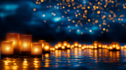 Diwali Holiday Serene floating candles on water at night video background.