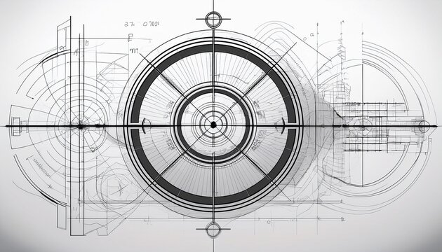 clean white background black outlined technical drawing shapes blueprint style abstract style