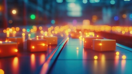Colorful glowing objects on a conveyor belt in an industrial setting at night