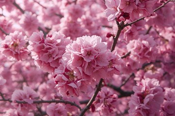 Fototapeta premium Expansive cluster of pink blossoms with a soft spring backdrop