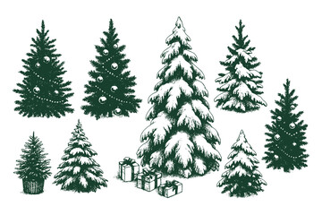 Engraving illustration of pine and fir trees in winter season, decorated with gifts, vintage retro forest landscape holiday sketch design. © Chairul