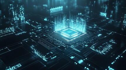 Advanced Microprocessor with Illuminated Circuitry in a Futuristic Setting