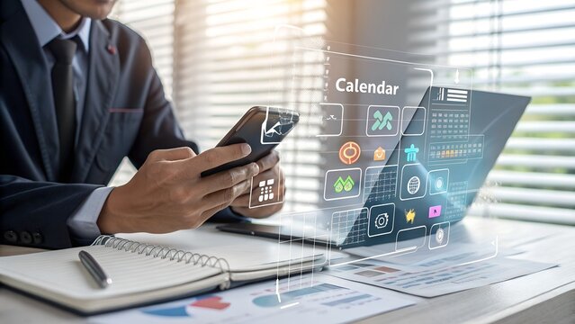 Executive using calendar application on mobile phone and laptop for managing appointments, scheduling meetings, and planning business activities effectively