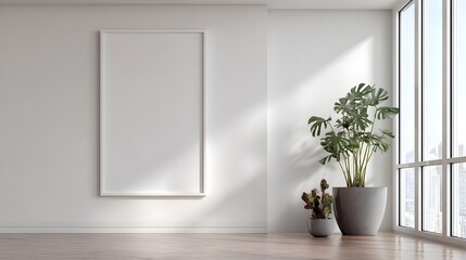 A minimalist interior design featuring a large blank frame and two potted plants against a bright white wall and hardwood floor.