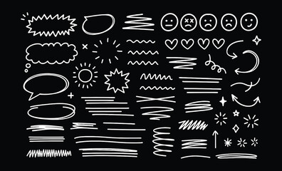 Engraving doodle sketch of speech bubbles, comic elements, and hand-drawn shapes, retro vector illustration for design and communication.