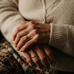 Elderly hands clasped together wearing rings