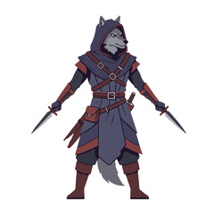 Fototapeta premium A wolfheaded humanoid hooded armed with two daggers wearing dark leatherbound clothing