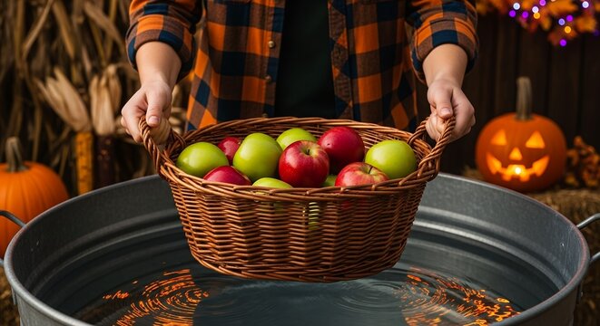Hands hold a wicker basket filled with red and green apples over a water tub, rustic fall background; concept for autumn activities, Halloween celebrations and thanksgiving day projects - Powered by Adobe