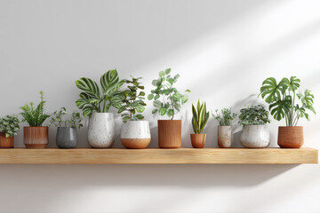 Assorted potted houseplants arranged on a wooden shelf against a white wall, illuminated by natural light.
