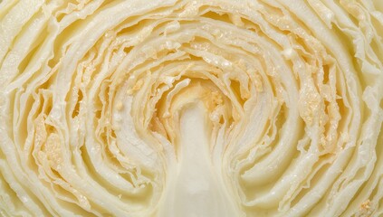 Close-up of a sliced white cabbage showing detailed texture from above