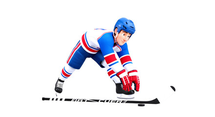 Obraz premium 3d cartoon hockey player intense focus, low stance, ready to strike, upcoming play, isolated on transparent background