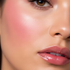 Close up of a woman s face with rosy cheeks and glossy lips