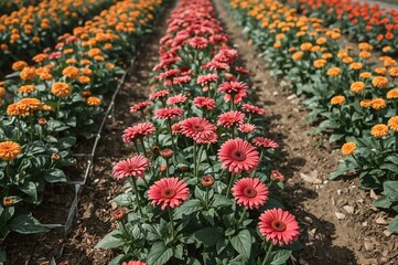 Fototapeta premium Gerbera and chrysanthemum blooms growing in farm plots with a backdrop of greenery and springtime foliage