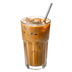 Iced coffee drink with straw isolated on transparent background, refreshing cold beverage in tall glass with ice cubes, brown coffee layers, creamy texture, perfect for cafe, summer, breakfast, and be