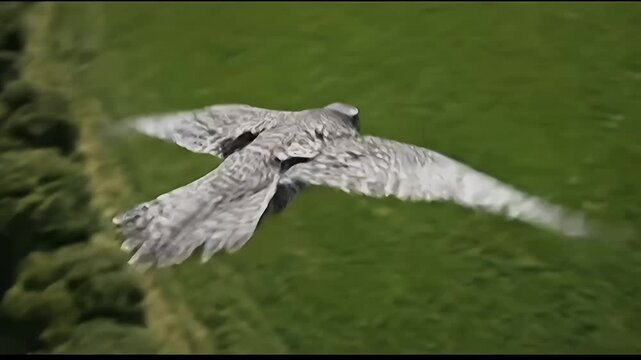 Majestic Bird of Prey Soaring Over a Green Rural Landscape.