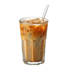 Iced coffee drink with straw isolated on transparent background, refreshing cold beverage in tall glass with ice cubes, brown coffee layers, creamy texture, perfect for cafe, summer, breakfast, and be