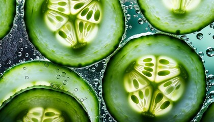 macro shot of cucumber slices with translucent green texture and water bubbles