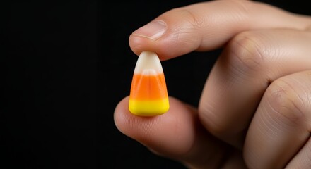 Hand holding a candy corn on a dark background in close-up shot for commercial use. Concept for autumn celebration, halloween treats and seasonal product