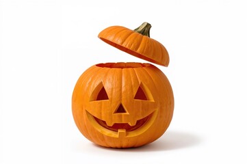 Halloween pumpkin with lid detached against a white backdrop