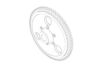A precise Wireframe Depiction of a mechanical gear or cogwheel, rendered as a Technical Drawing. This Simple Line Art provides an intricate Outline Illustration of the industrial component in a clean