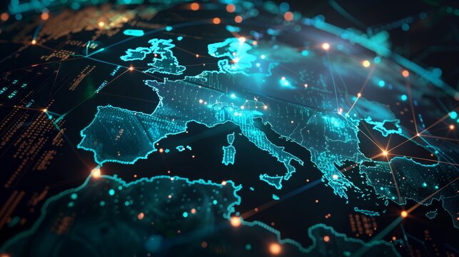 Digitalisierung - digitale und vernetzte Weltkarte mit Europa im MIttelpunkt