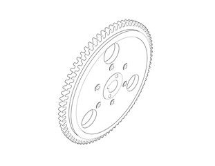 A precise Wireframe Depiction of a mechanical gear or cogwheel, rendered as a Technical Drawing. This Simple Line Art provides an intricate Outline Illustration of the industrial component in a clean