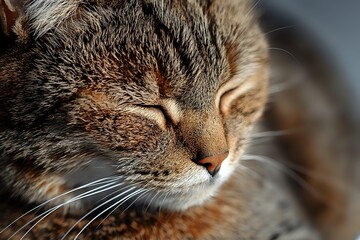 Close up portrait of sleeping tabby cat face showing peaceful expression, soft fur texture, and long whiskers in warm natural lighting. Macro photography.