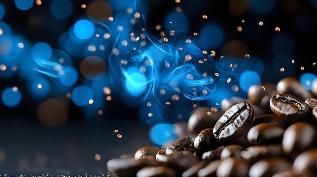 Aromatic coffee beans with magical blue bokeh lights and sparkles creating dreamy atmosphere for cafe menu design and coffee shop promotion materials.