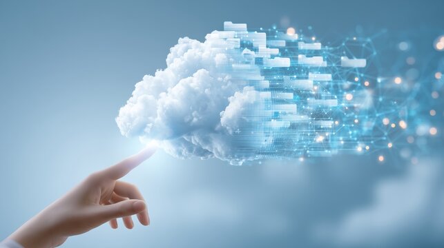 Cloud Internet Netzwerkspeicher - Finger berührt Datenwolke aus Dateien und Ordnern