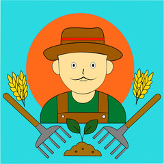 Simple cartoon farmer holding wheat and tools, smiling character symbolizing agriculture, rural lifestyle, and traditional farming illustration for design use.