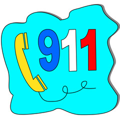 Colorful emergency call icon 911 with a bright blue background and yellow phone illustration, perfect for infographic, safety poster, and public awareness design.