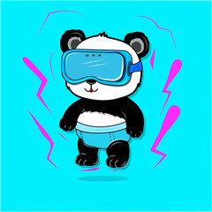 Cute panda character wearing VR headset with glowing neon effects, futuristic and playful design for gaming, virtual reality, technology, and digital art projects.
