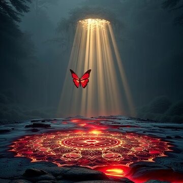 root red glowing butterfly opening a from fire, atmosphere, lava sky a beams light, of bright flying dark painting gloomy with like mandala, golden upward mystical molten chakra cinematic s 47712153 1