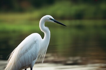 Photograph of a majestic white egret by a birdwatcher at a coastal area with natural water scenery, wildlife, and lush environment