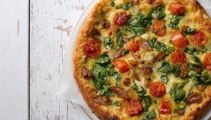 Spinach, tomato, onion, and pepper frittata served on a rustic white wooden surface. Overhead shot.
