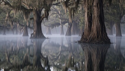 Foggy dawn over a southern wetland with bald cypress and hanging Spanish moss