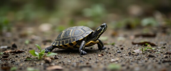 Obraz premium A Small Turtle Taking a Slow and Steady Journey Down a Forest Path
