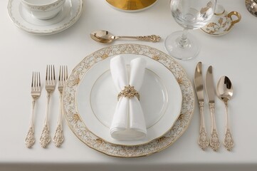 Elegant porcelain and silver cutlery arranged on a pristine white dining table