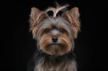 Adorable small dog posing in a professional studio setting against a dark backdrop.