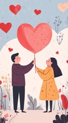 Fototapeta premium Couple Sharing a Giant Heart: A Valentine's Day Illustration